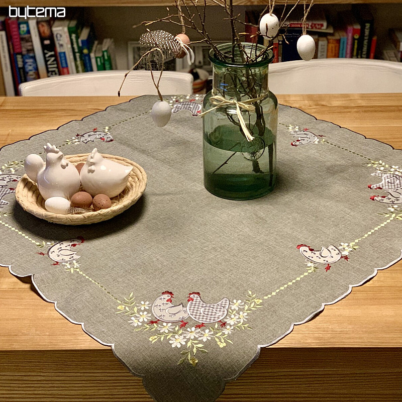 Embroidered Easter tablecloth and scarf HEN AND FLOWERS gray