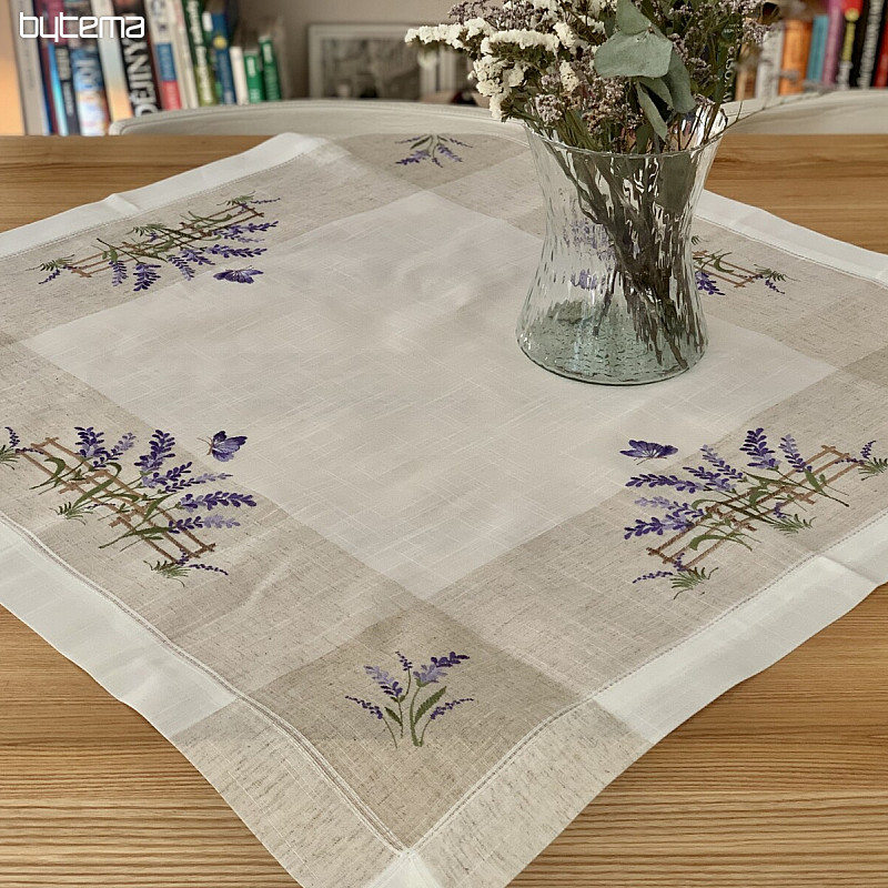 Embroidered tablecloth and shawl LAVENDER BEHIND THE FENCE