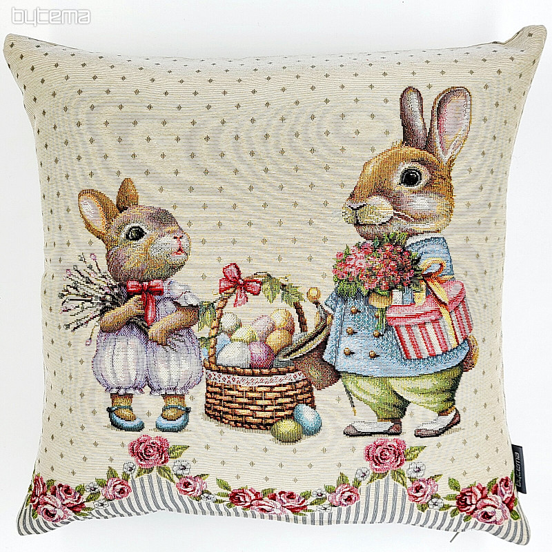 Gobelin cushion cover BUNNIES WITH ROSES gray