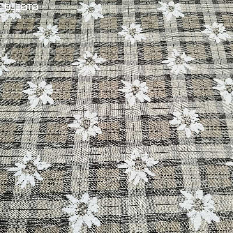 Luxurious decorative fabric FLOWERS AND CHECKERS light brown