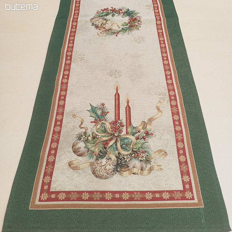 Tapestry tablecloth and scarf FLAMING CANDLES green trim