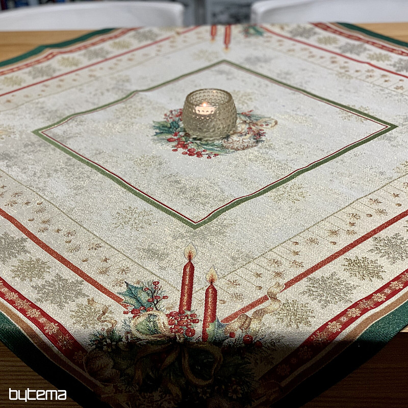 Tapestry tablecloth and scarf FLAMING CANDLES green trim