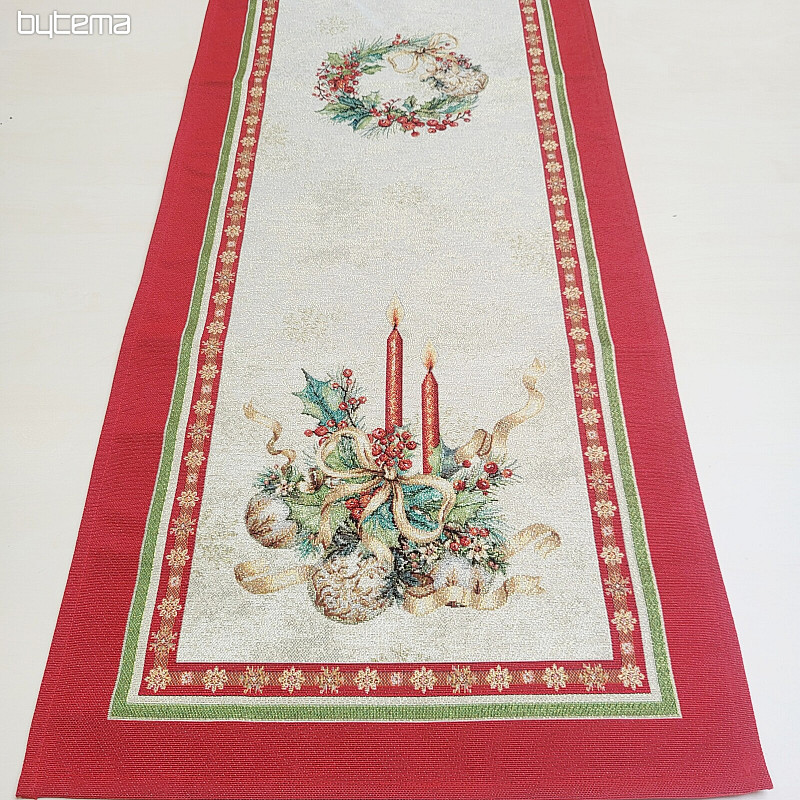 Tapestry tablecloth and scarf FLAMING CANDLES red trim