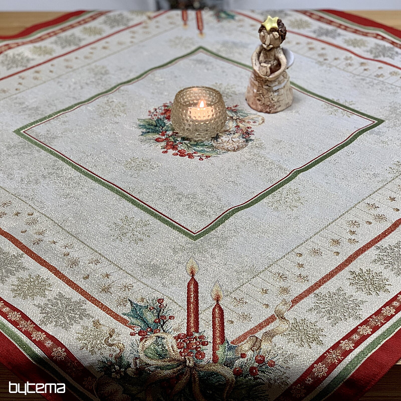 Tapestry tablecloth and scarf FLAMING CANDLES red trim