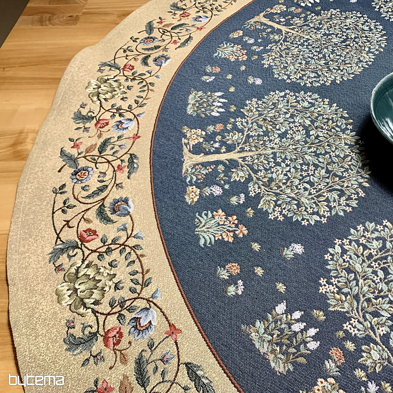 Tapestry tablecloth round TREE OF HAPPINESS blue