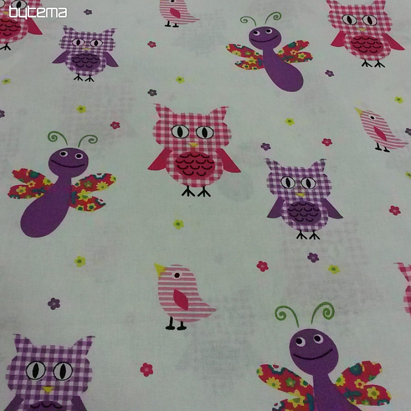 Purple children's decorative fabric owls and butterflies