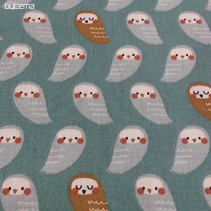 Cotton fabric OWLS turquoise