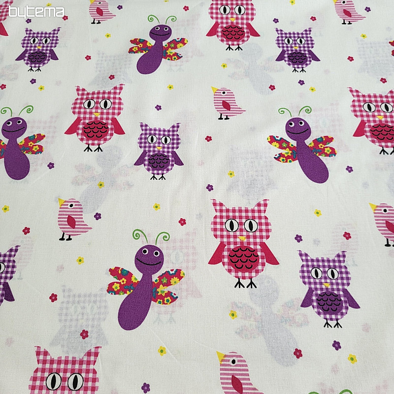 Children&#39;s decorative fabric PURPLE OWLS AND BUTTERFLIES