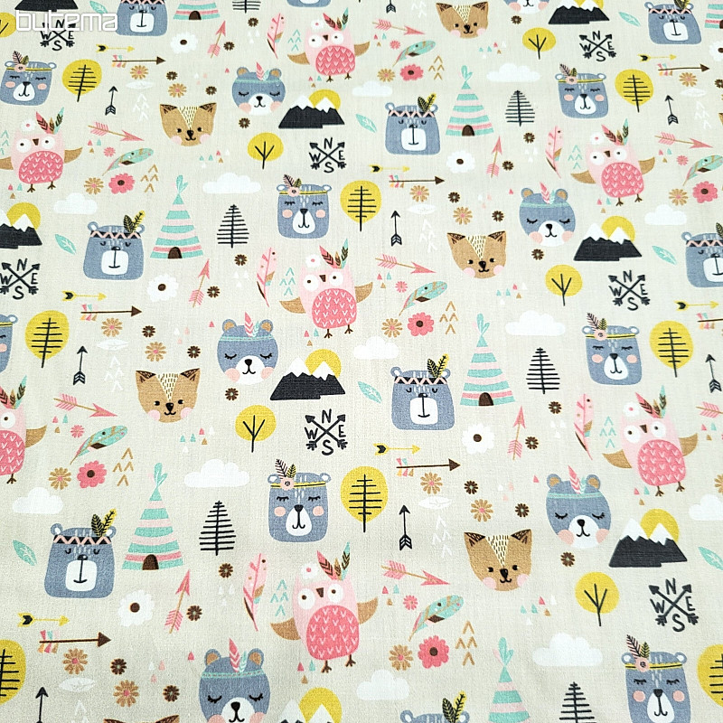 Children&#39;s cotton satin ANIMALS IN THE FOREST digital