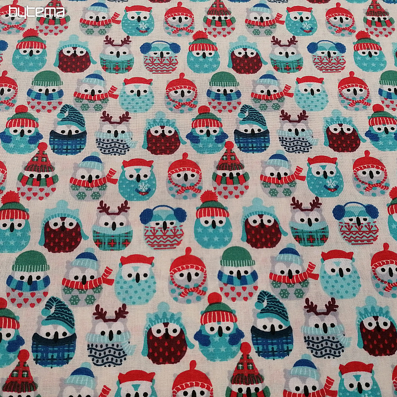 Cotton fabric OWLS IN WINTER blue