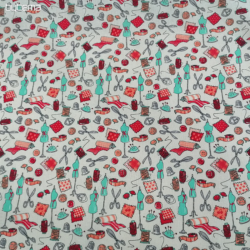 Cotton fabric SEWING WORKSHOP turquoise-red