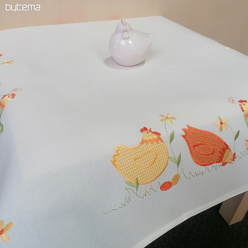 Embroidered Easter tablecloth and scarves hens colored