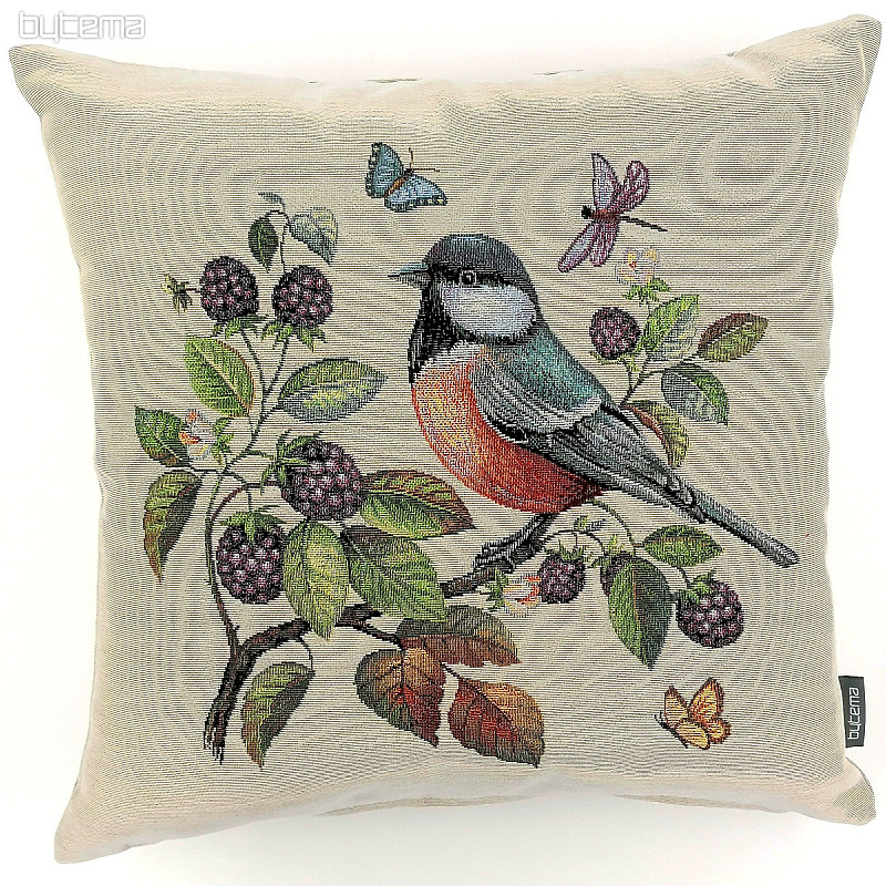 Tapestry cover for a pillow Bird Bullfinch on a blackberry