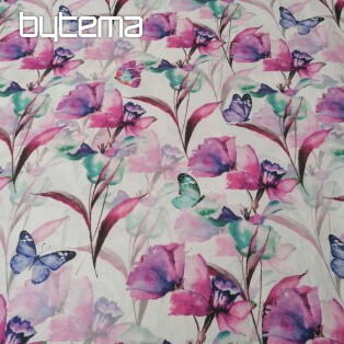 Decorative fabric Flowers and butterflies Cataleya purple-turquoise