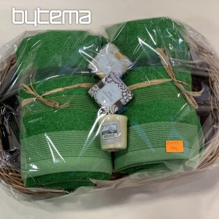 Gift set of towels in a wicker tray wrapped in cellophane - green