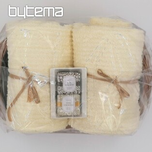 Gift set of towels in a wicker tray wrapped in cellophane - cream