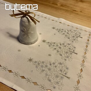 Embroidered white Christmas tablecloth with gold and silver trees