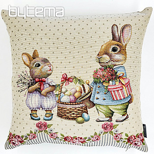 Gobelin cushion cover BUNNIES WITH ROSES gray