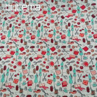 Cotton fabric SEWING WORKSHOP turquoise-red