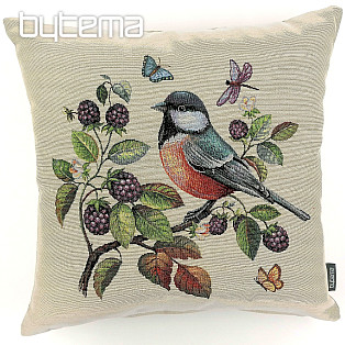 Tapestry cover for a pillow Bird Bullfinch on a blackberry