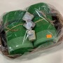 Gift set of towels in a wicker tray wrapped in cellophane - green
