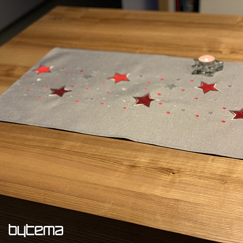 Embroidered Christmas tablecloth gray with red snowflakes