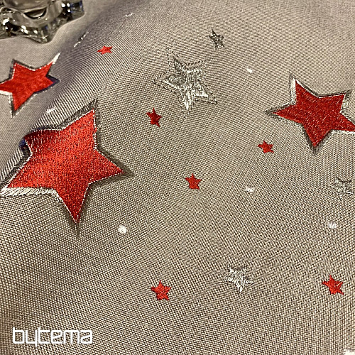 Embroidered Christmas tablecloth gray with red snowflakes