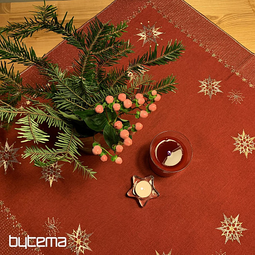 Embroidered Christmas tablecloth dark red 1