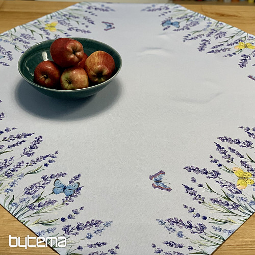 Purple lavender tablecloths and scarves with bow ties