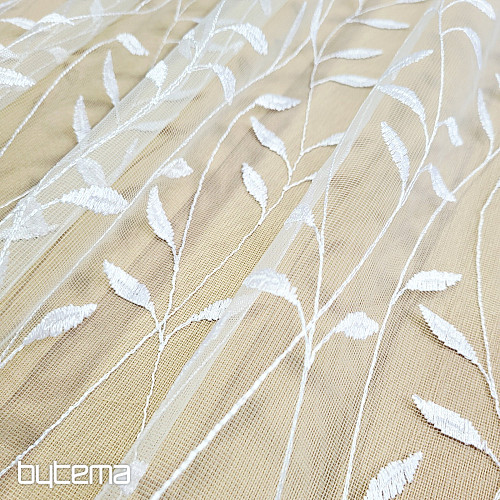 Embroidered curtain 527 WHITE WITH LEAVES