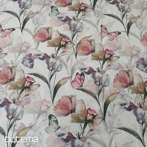 Decorative fabric FLOWERS AND BUTTERFLIES CATALEYA green-purple
