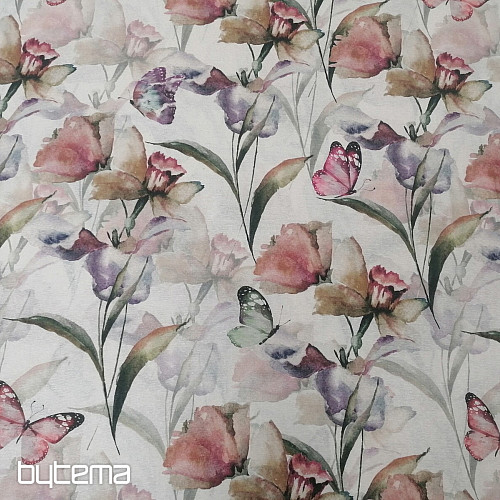 Decorative fabric FLOWERS AND BUTTERFLIES CATALEYA green-purple