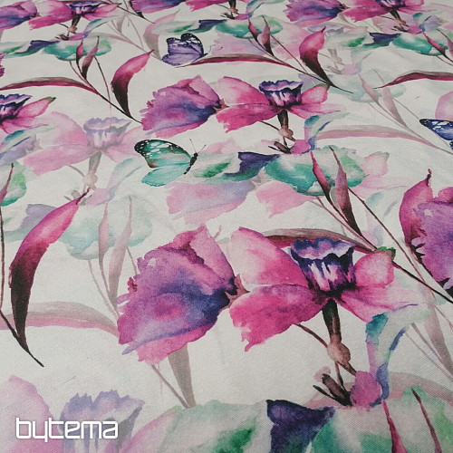 Decorative fabric FLOWERS AND BUTTERFLIES CATALEYA PURPLE TURQUOISE