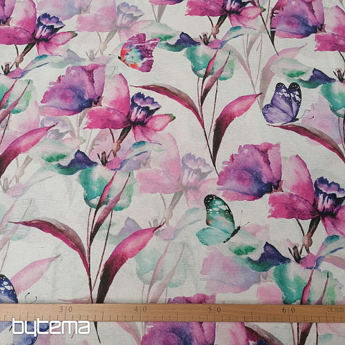 Decorative fabric FLOWERS AND BUTTERFLIES CATALEYA PURPLE TURQUOISE