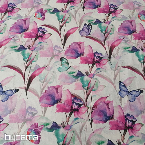 Decorative fabric FLOWERS AND BUTTERFLIES CATALEYA PURPLE TURQUOISE