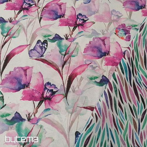 Decorative fabric FLOWERS AND BUTTERFLIES CATALEYA PURPLE TURQUOISE