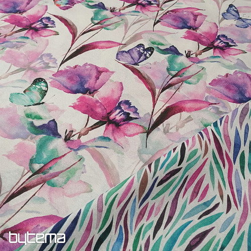 Decorative fabric FLOWERS AND BUTTERFLIES CATALEYA PURPLE TURQUOISE