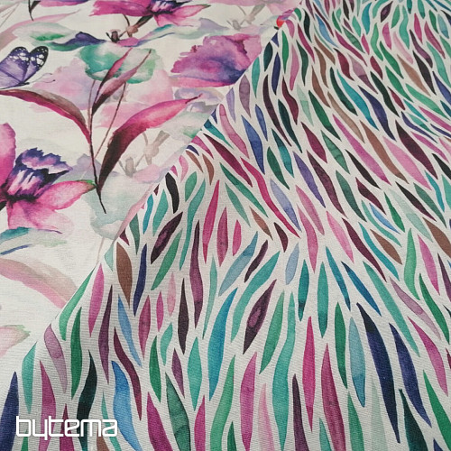 Decorative fabric FLOWERS AND BUTTERFLIES CATALEYA PURPLE TURQUOISE