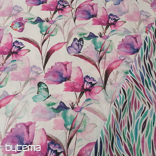 Decorative fabric FLOWERS AND BUTTERFLIES CATALEYA PURPLE TURQUOISE