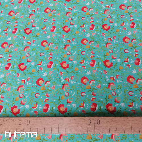 Cotton fabric Folk motifs mini turquoise