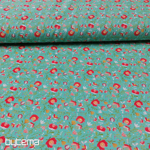 Cotton fabric Folk motifs mini turquoise