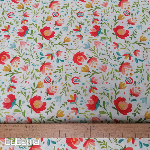Cotton fabric FOLK MOTIVES white