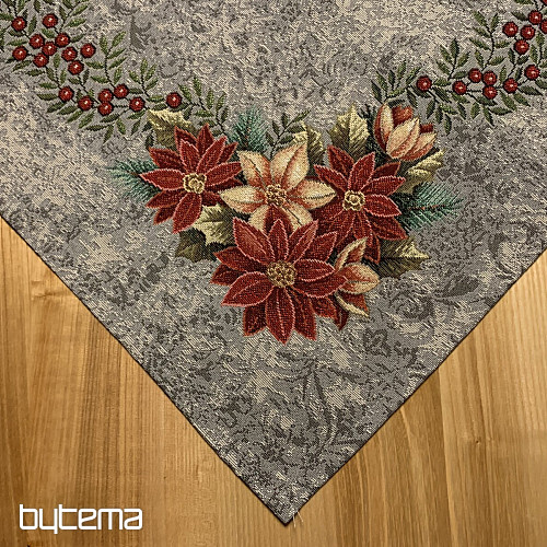 Christmas tapestry tablecloths and scarves CHRISTMAS ROSE-HOLLY WREATH GREY