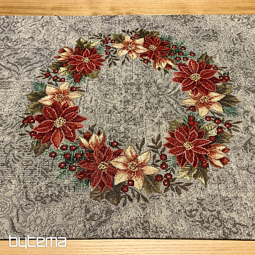 Christmas tapestry tablecloths and scarves CHRISTMAS ROSE-HOLLY WREATH GREY