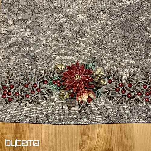 Christmas tapestry tablecloths and scarves CHRISTMAS ROSE-HOLLY WREATH GREY