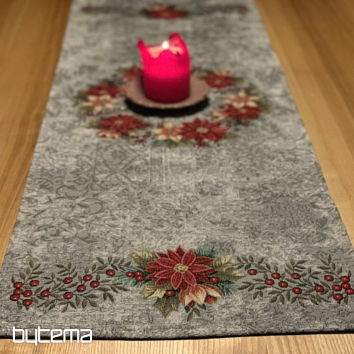 Christmas tapestry tablecloths and scarves CHRISTMAS ROSE-HOLLY WREATH GREY