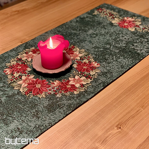 Christmas tapestry tablecloths and scarves CHRISTMAS ROSE-WREATH HOLLY GREEN