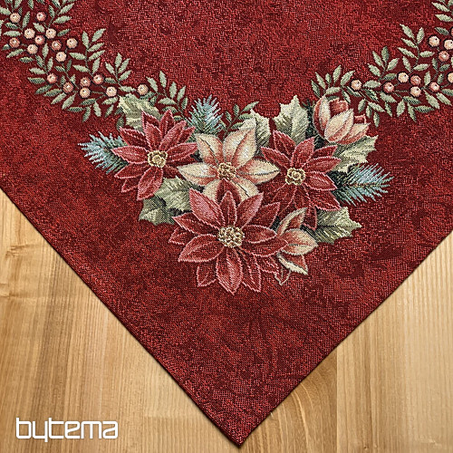 Christmas tapestry tablecloths and scarves CHRISTMAS ROSES - HOLLY WREATH RED