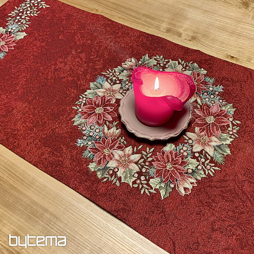 Christmas tapestry tablecloths and scarves CHRISTMAS ROSES - HOLLY WREATH RED