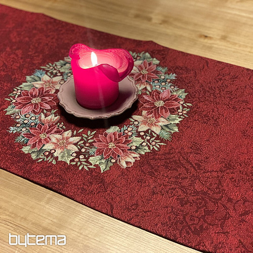Christmas tapestry tablecloths and scarves CHRISTMAS ROSES - HOLLY WREATH RED